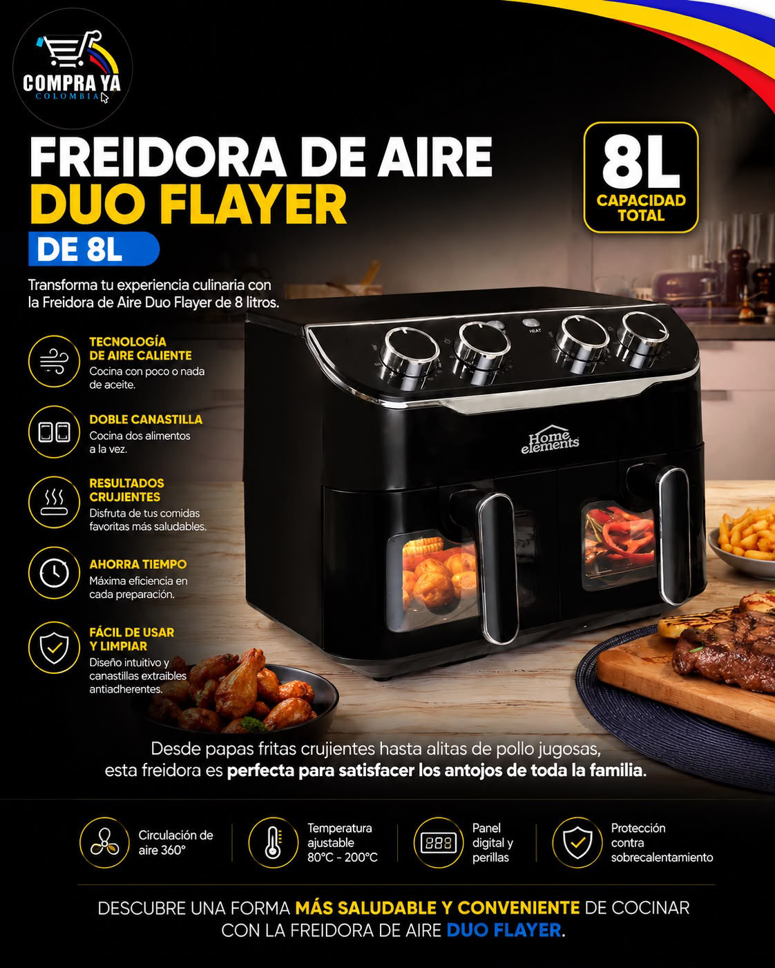 FREIDORA DE AIRE DUO FLAYER DE 8 LITROS HOME ELEMENTS