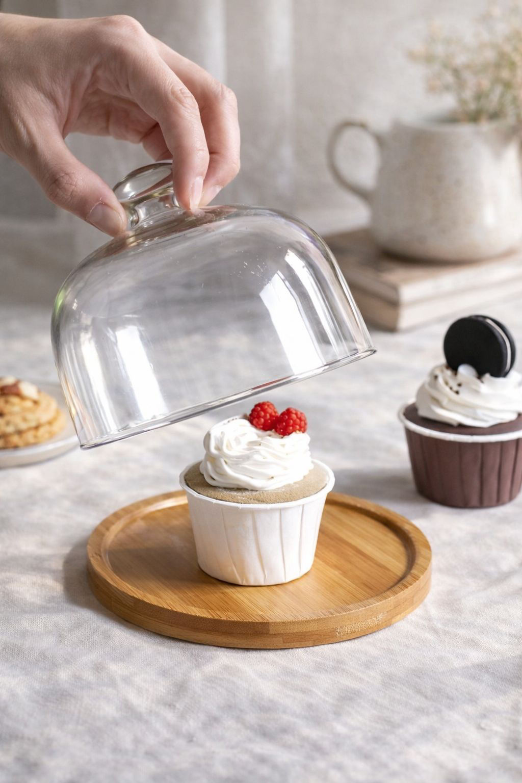 1501-Base de bambú con campana de vidrio para postres