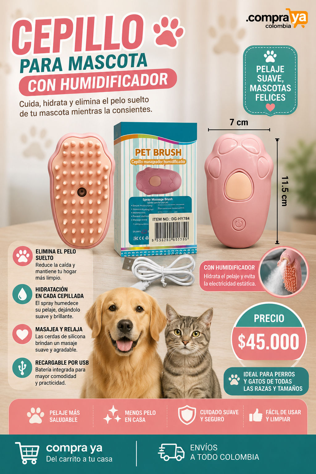 Cepillo Para Mascota Con Humidificador 2D