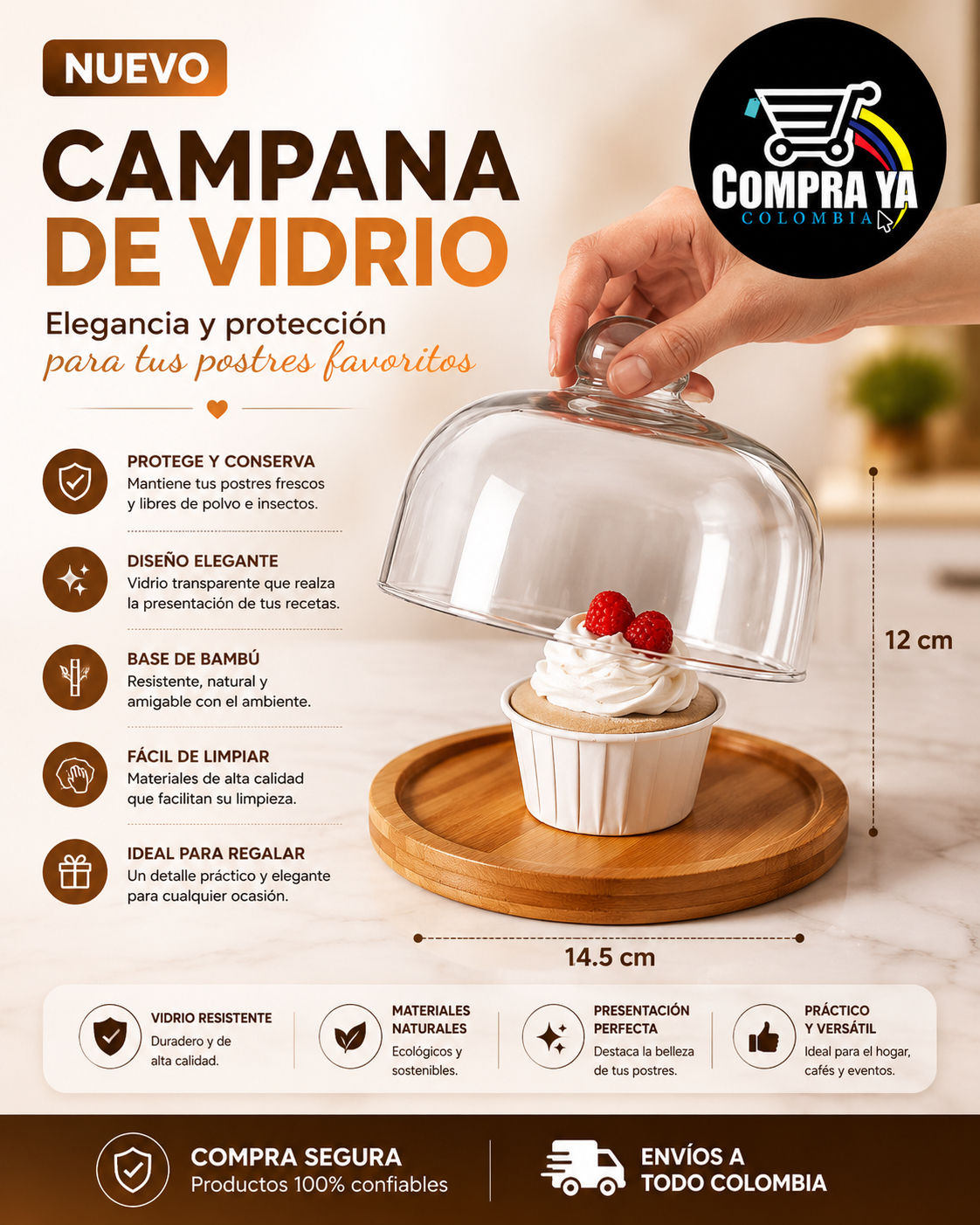 🛒-Base de bambú con campana de vidrio para postres