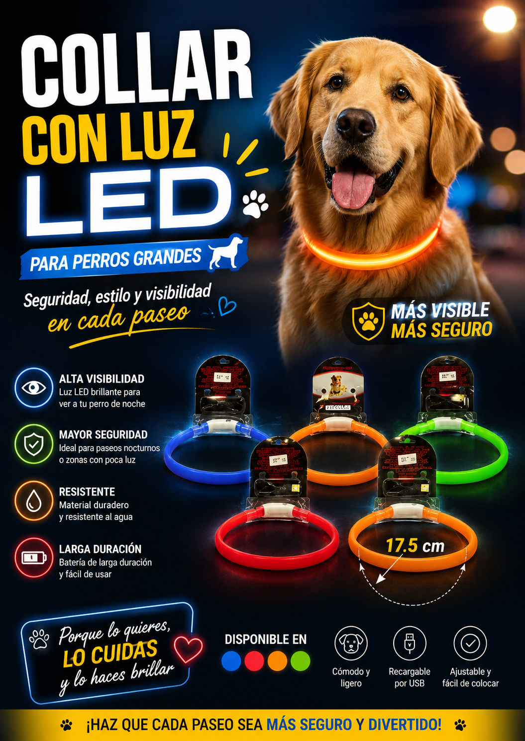Collar con luz LED para perros grandes