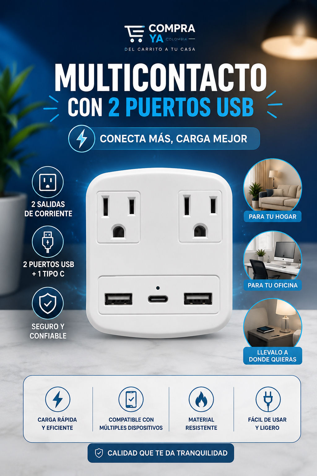 Multicontacto con 2 puertos USB