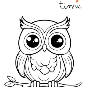 Dibujo para colorear: búho adorable en rama, "Play time"