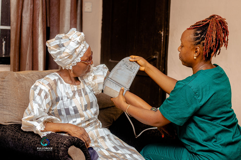 Eye-level view of a caregiver gently assisting an elderly person with walking in a sunlit room
