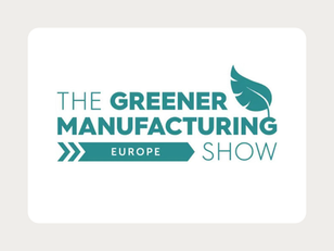 The Greener Manufacturing Show Europe logo, featuring bold teal text and a stylized leaf icon, representing a leading event for sustainable industrial solutions.