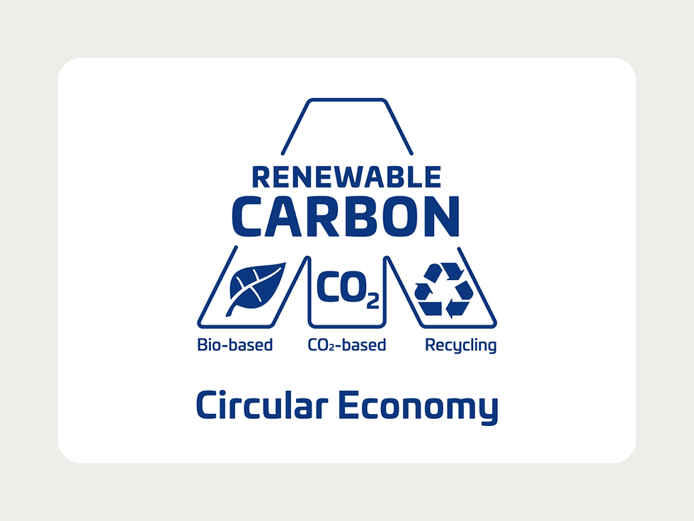 Renewable Carbon logo with icons for bio-based, CO₂-based, and recycling pathways, representing the three pillars of circular economy strategies for sustainable carbon sourcing.