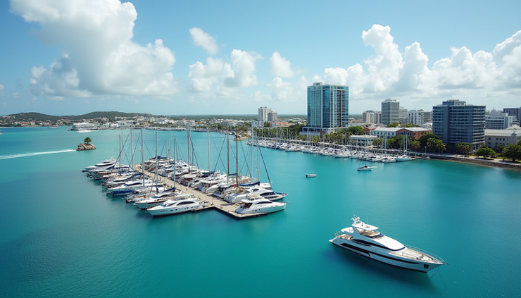 High angle view of Bermuda’s harbor with yachts and office buildings in the background