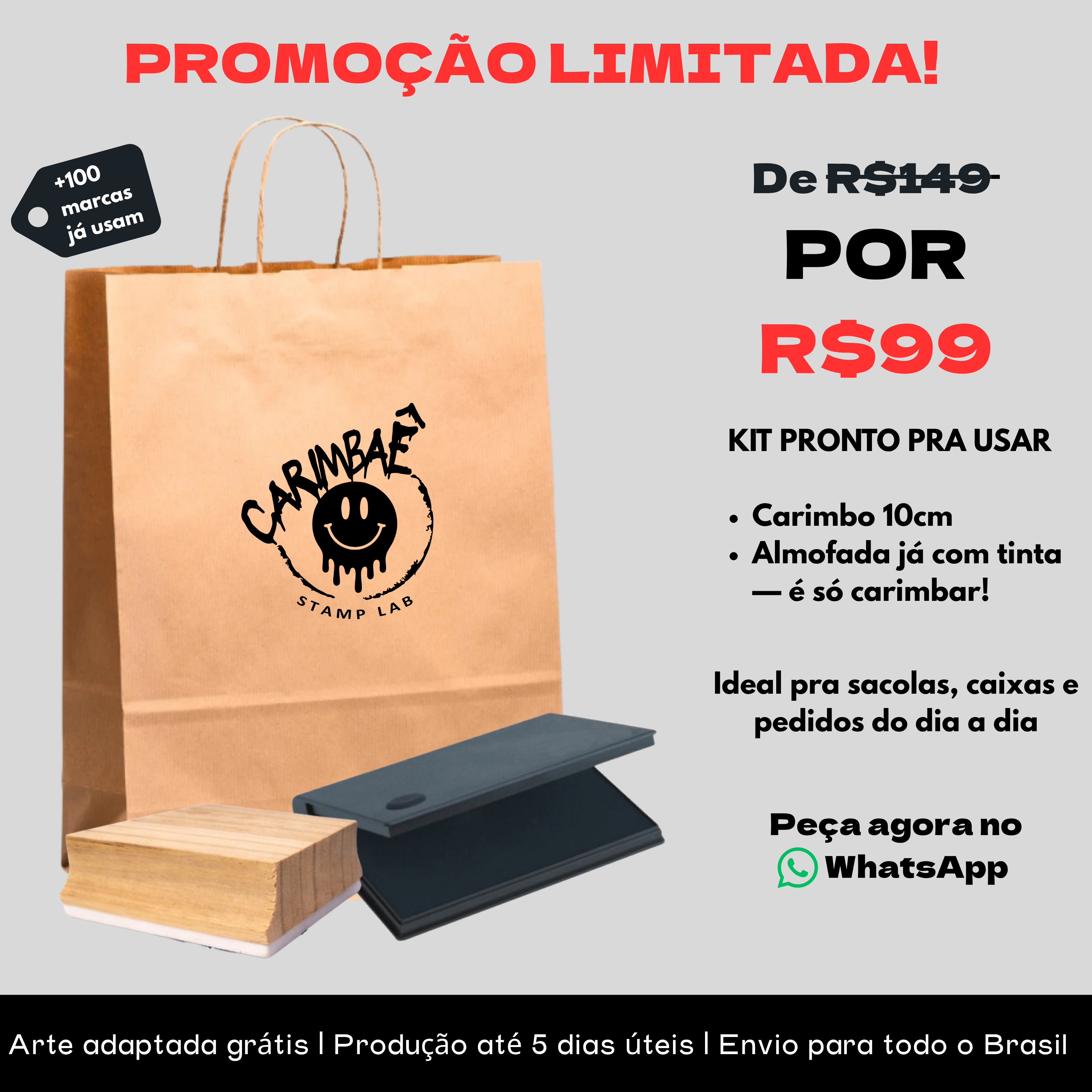 Kit — Carimbo 10cm + Almofada C/ Tinta