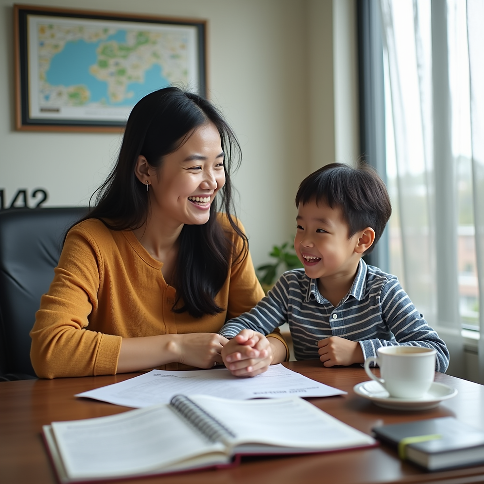 Mother smiling with young child sitting together at a table, symbolising child custody and maternal care.