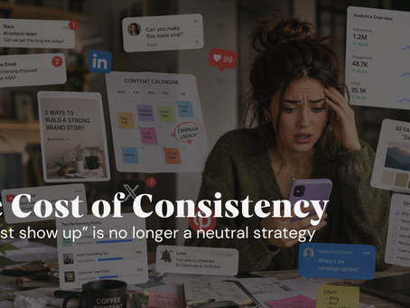 A female content marketer looking frazzled, on her phone. She is swarmed by multiple floating screens, content pieces, and social media notifications.