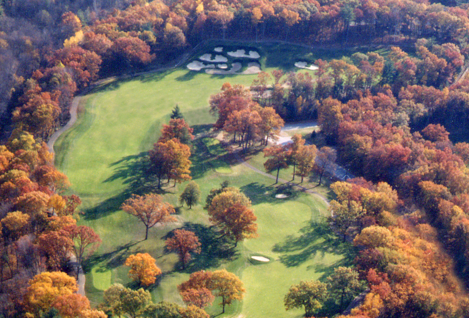 An aerial view of Hole 2 "Tanks Crossing" at Red Tail Golf Club in Devens, MA