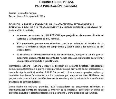 Huelga en Creation Technologies: la empresa denuncia "retención" de 321 trabajadores; el sindicato exige la reinstalación de una delegada