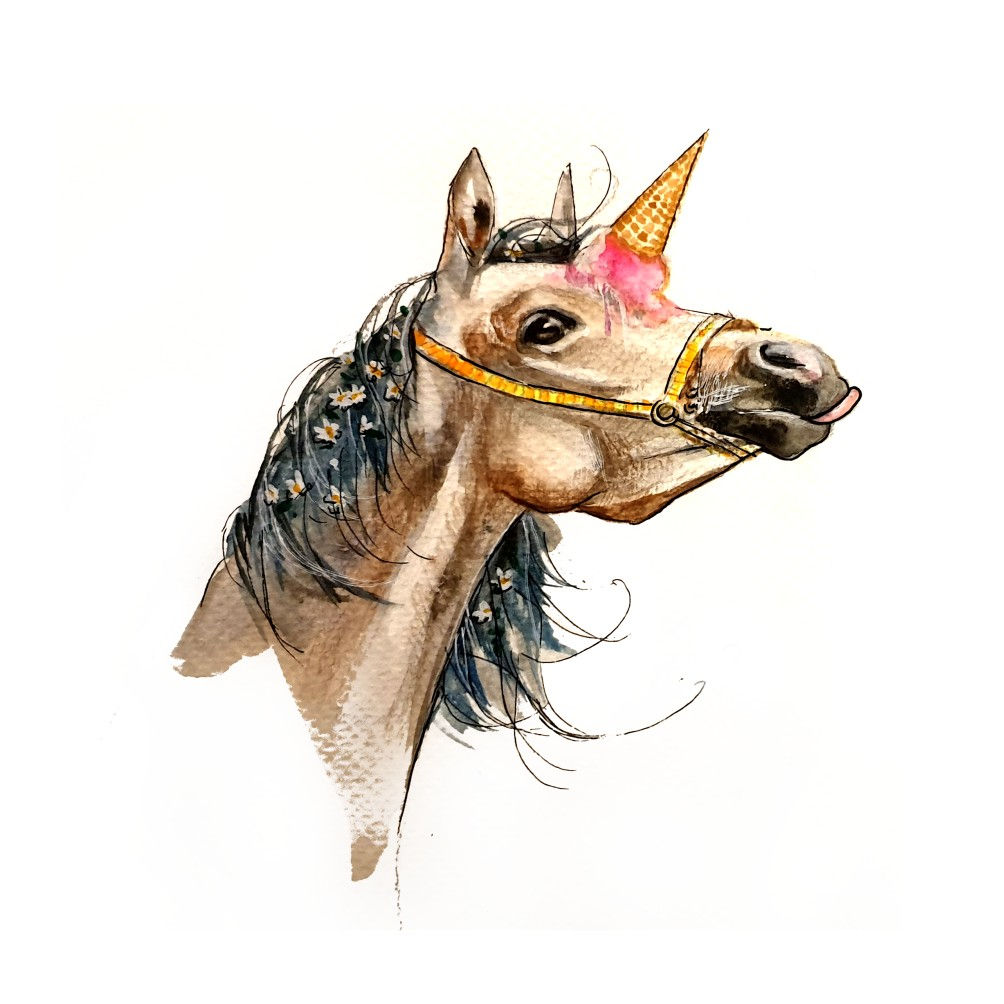 unicorn horse, birthday card, funny horse card, watercolour horse, horse painting, pet portrait, art