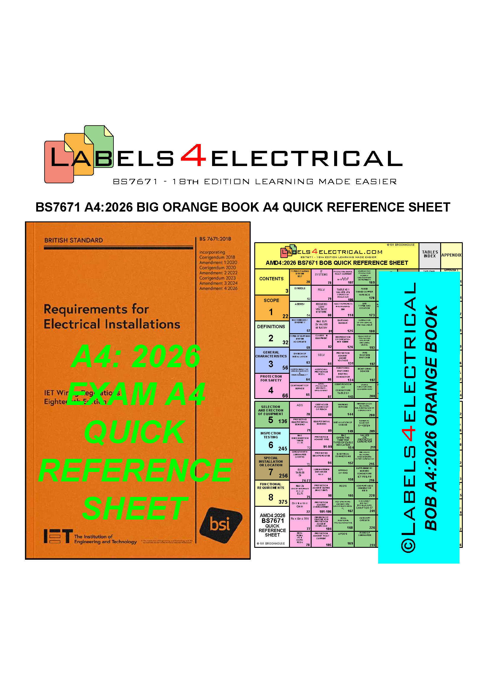 BS7671 BOB BS7671 A4:2026 18TH EDITION A4 LABEL SHEET ORANGE BOOK VERSION