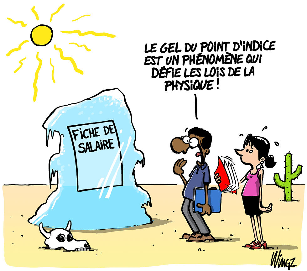 Dessin original Wingz : des agents devant une fiche de salaire gelée sous le soleil, sur le thème du point d’indice.