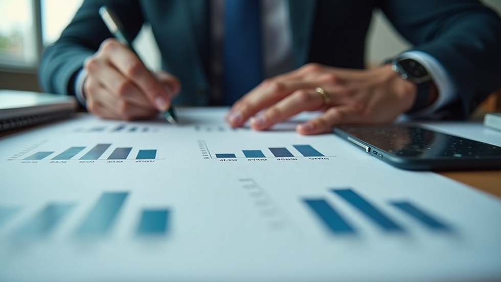 Eye-level view of a financial analyst reviewing documents with charts