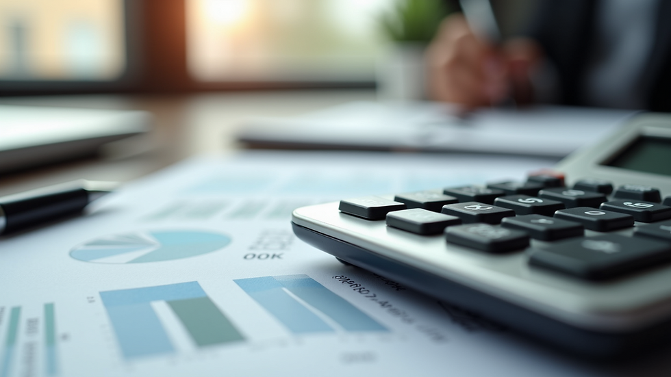 Eye-level view of a calculator on a desk with financial documents