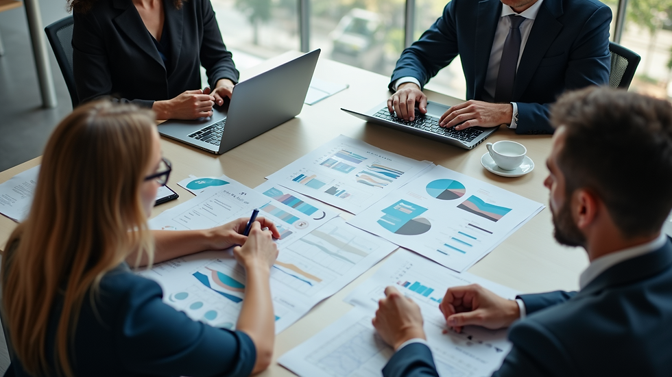 High angle view of a team meeting with charts and laptops on the table