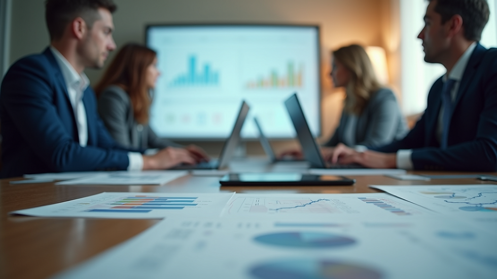 Eye-level view of a business meeting with charts and laptops
