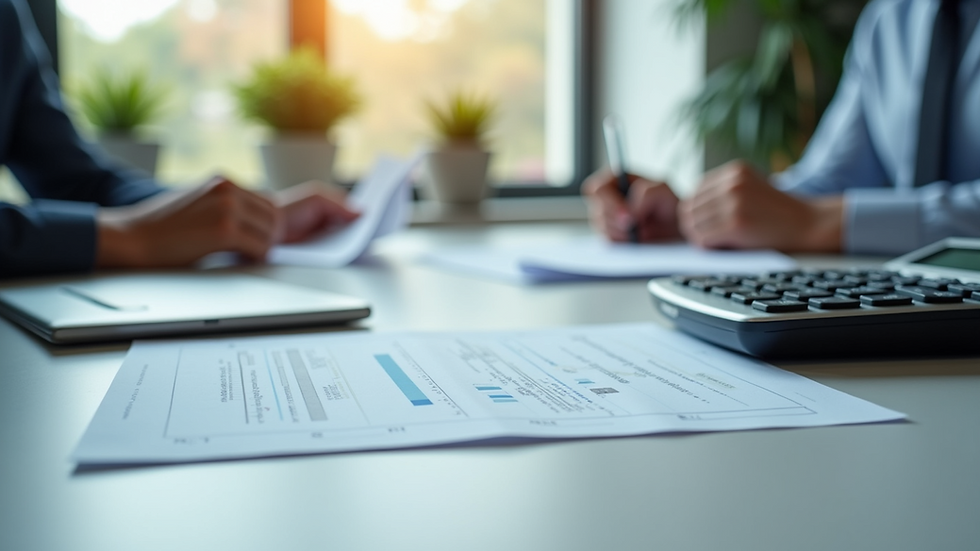 Eye-level view of a modern office desk with financial documents and a calculator