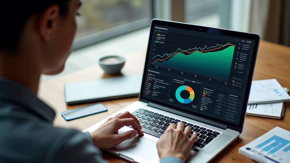 High angle view of a person reviewing investment portfolio on a laptop