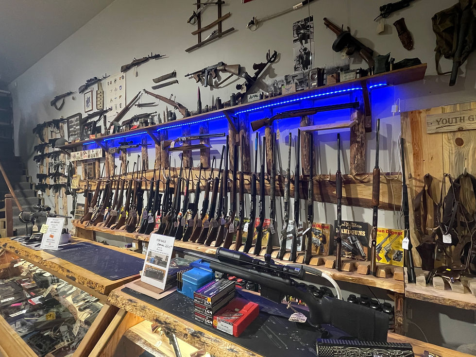 Interior of a firearms shop with rifles and accent lighting