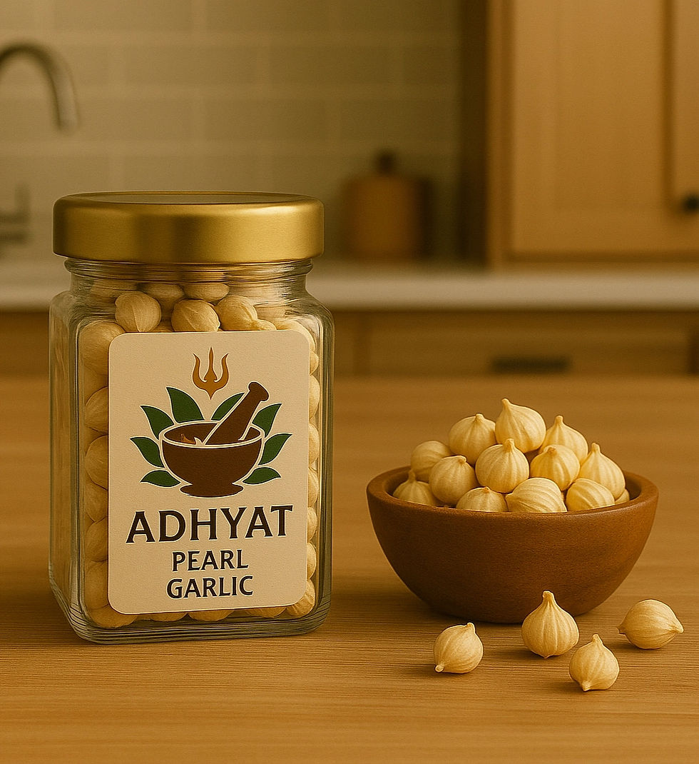 Jar of Adhyat Pearl Garlic alongside a wooden bowl filled with perfectly shaped garlic pearls, set on a natural wood kitchen countertop.