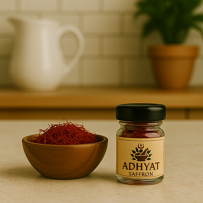 A jar and bowl of vibrant Adhyat Kashmiri saffron are elegantly displayed on a kitchen countertop, highlighting the premium quality and rich color of this prized spice.