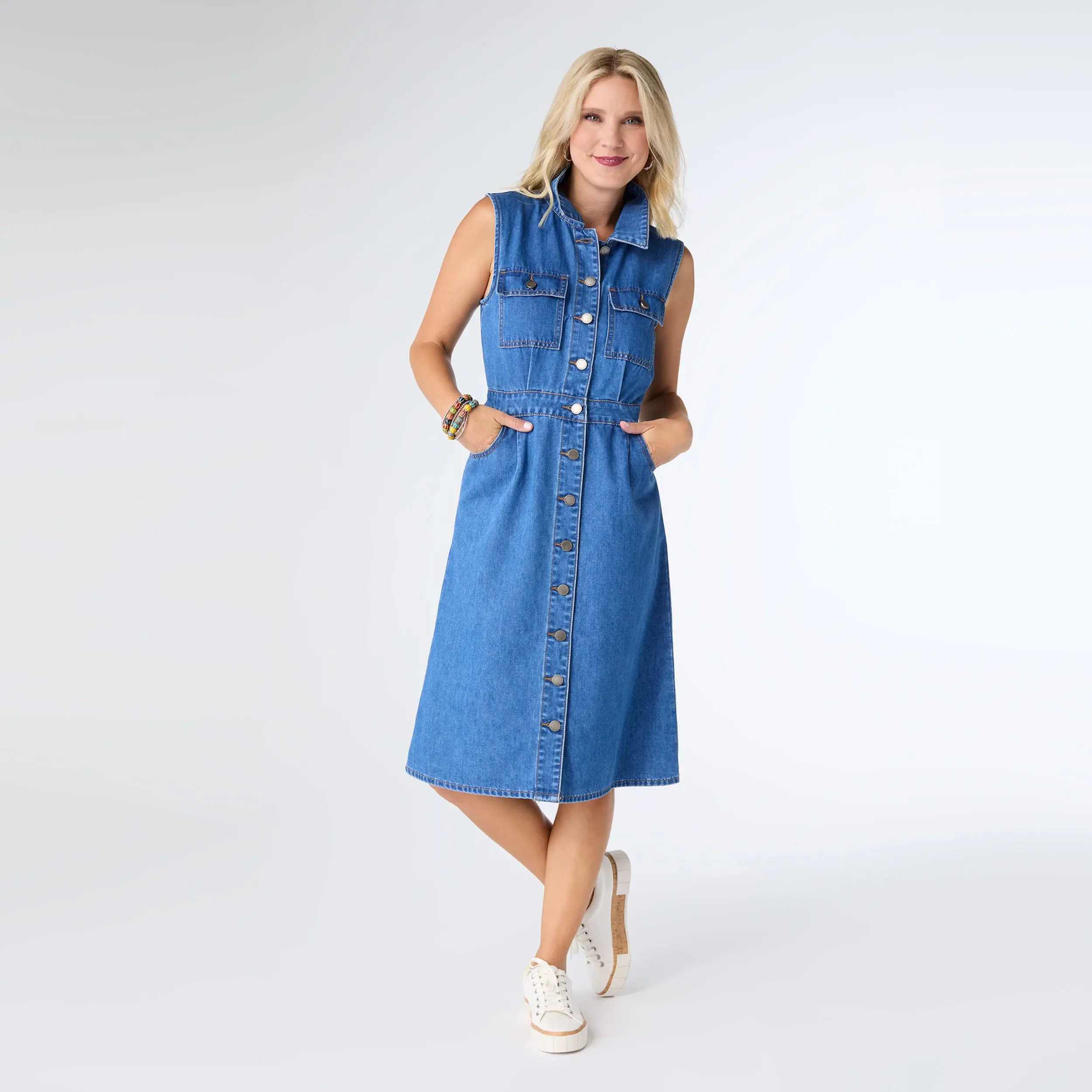 Sleeveless button up denim dress