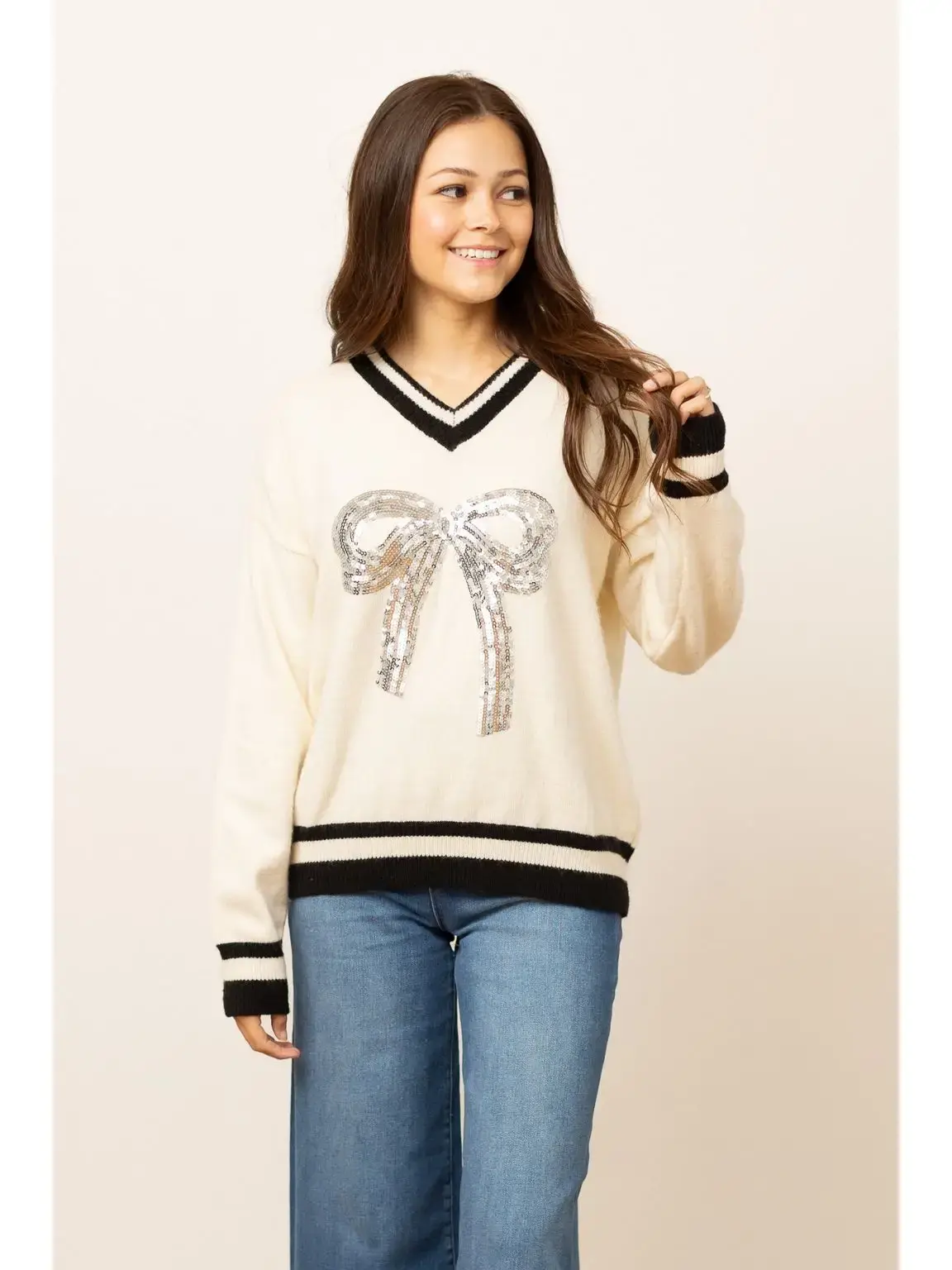 Silver Sequin Bow Sweater: Cream & Black