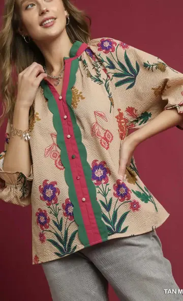 Floral Beige and Green textured scalloped top