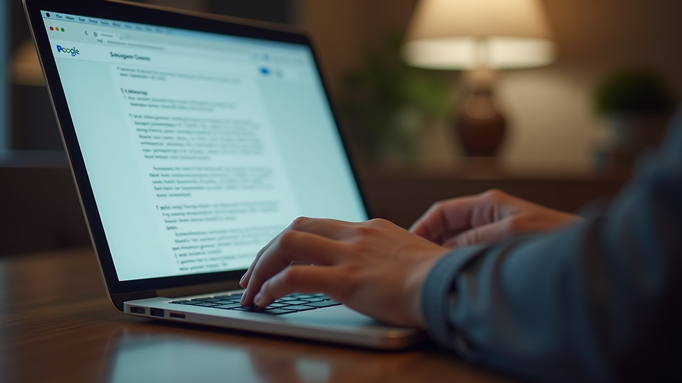 Close-up view of a person typing on a laptop with a manuscript on screen