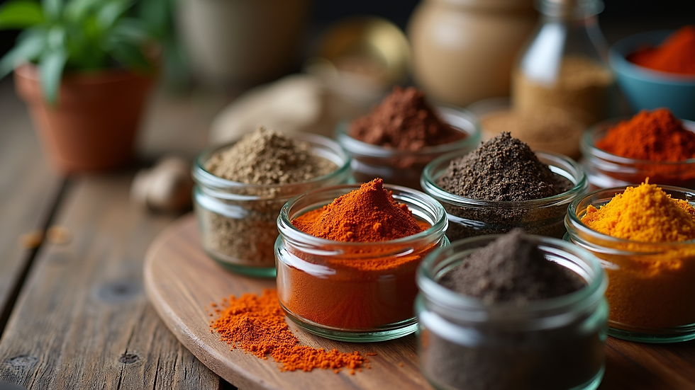 High angle view of various spices in jars on a wooden table