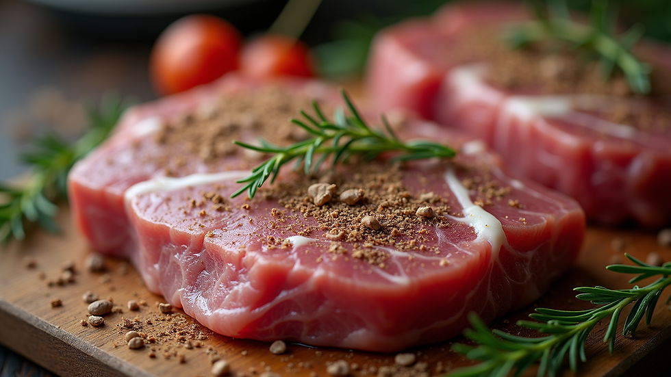 High angle view of seasoned raw meat ready for cooking