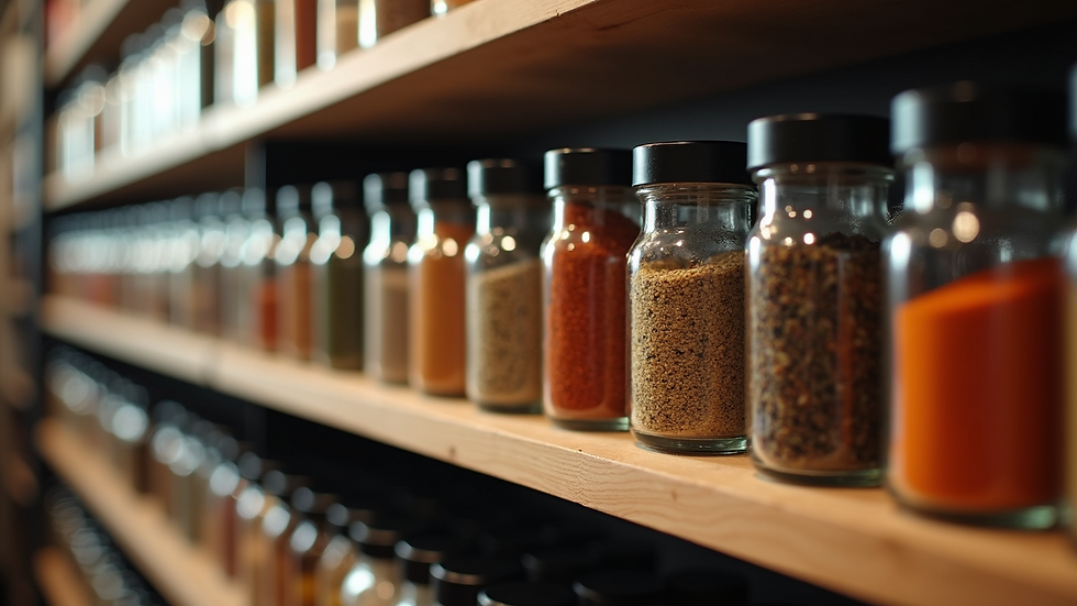Eye-level view of a spice rack with various seasoning jars