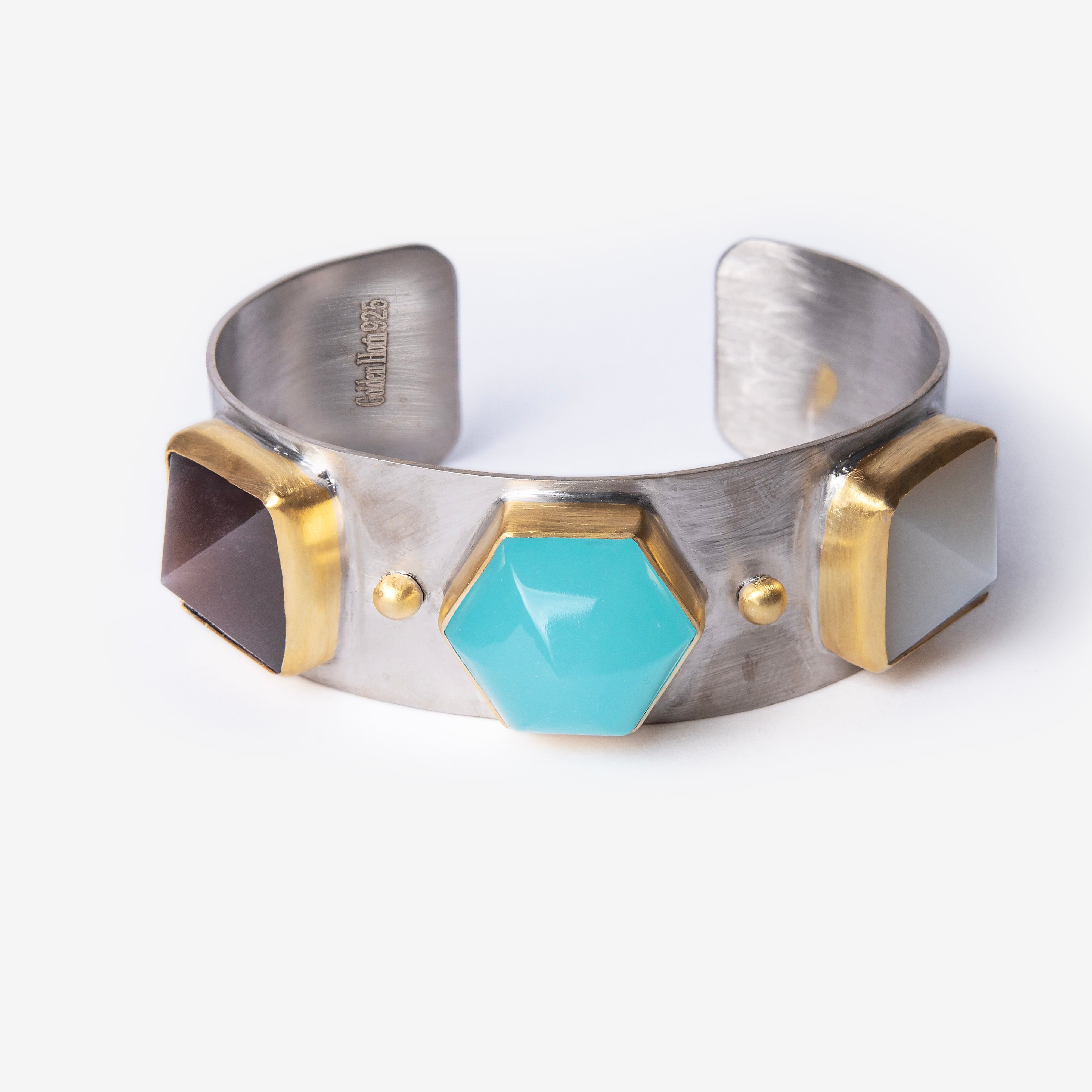 Triple Moonstone Dome Silver Cuff Bracelet