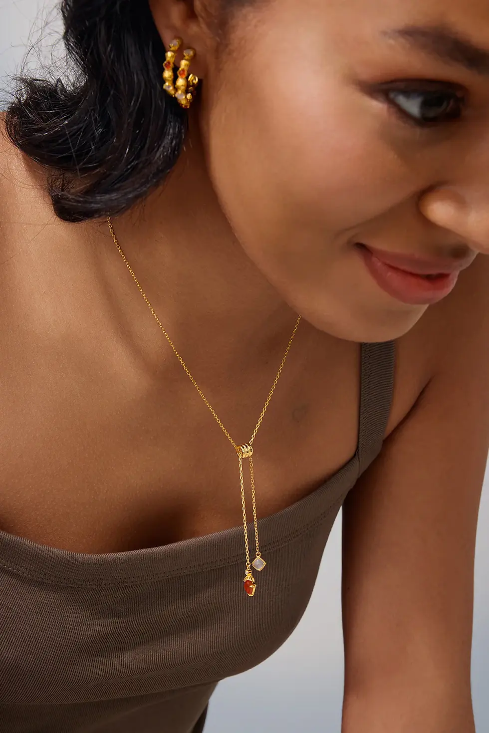 Thumbnail: Aqua Dome Carnelian Lariat Necklace