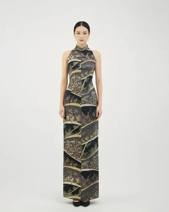 Dark Purple Patchwork Nishijin Brocade Vest Qipao (Exclusive Piece) 紫金繁花西陣織旗袍(孤品