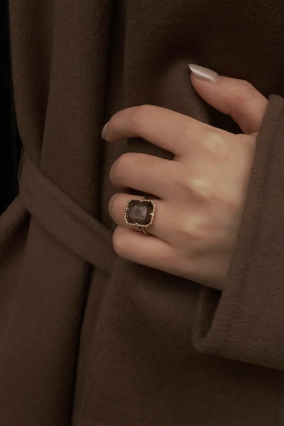 Thumbnail: HANDCRAFTED SMOKY CRYSTAL ENGRAVED RING | SILVER