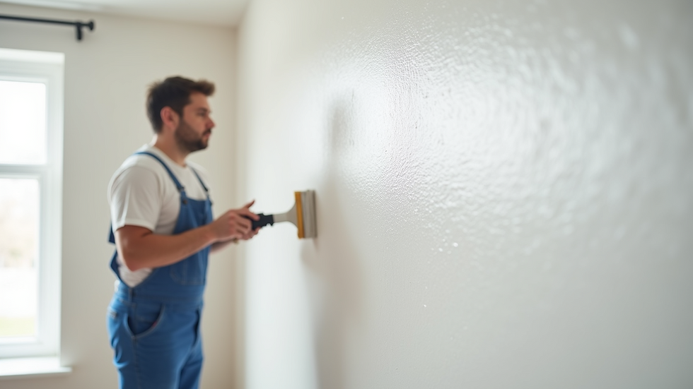 Eye-level view of painter applying smooth white paint on interior wall