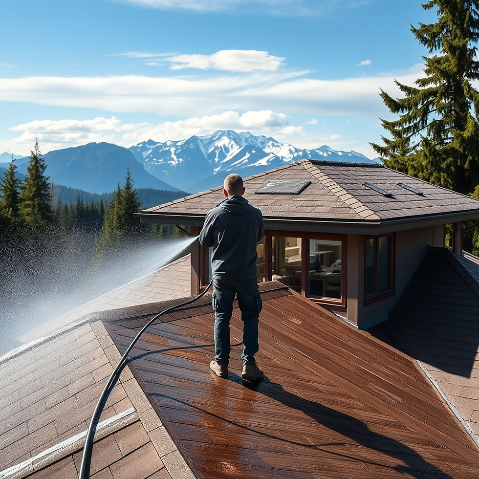 SHOW IN A PICTURE A PRESSURE WASHER GUN WASHING DOWN A HOUSE ROOF FROM A PERSON STANDING O