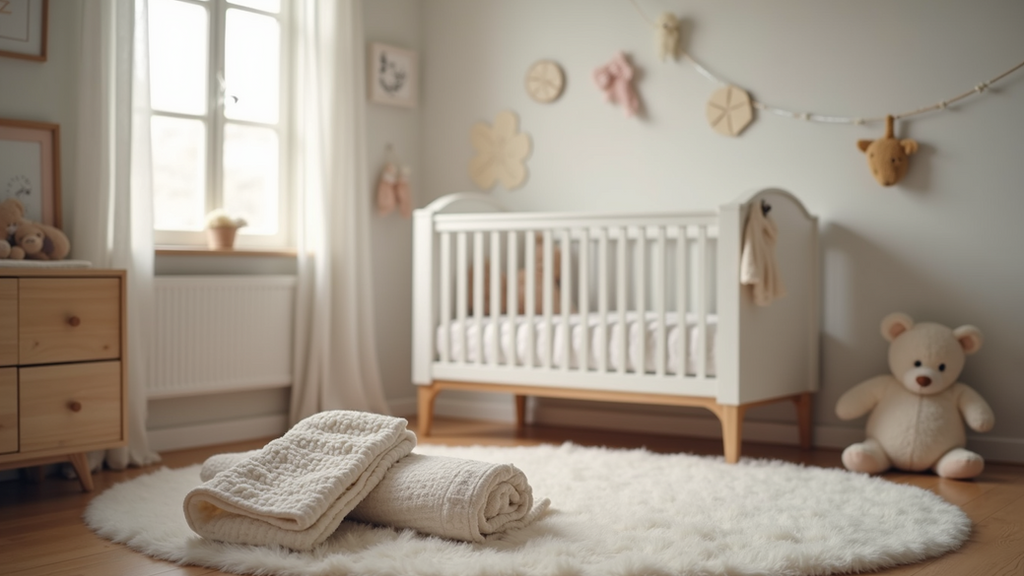 Eye-level view of a cozy baby nursery with a crib and soft blankets