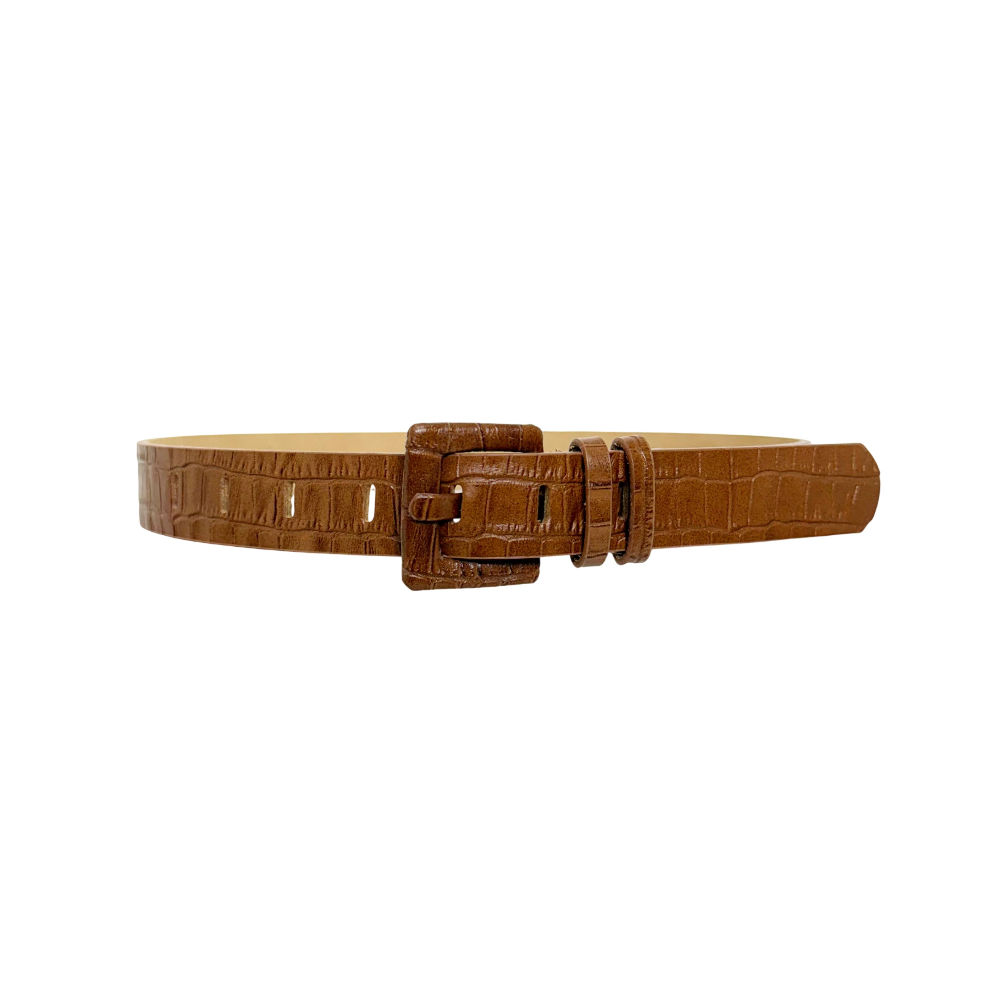 Cinto Feminino em Couro Caramelo Croco -Clara