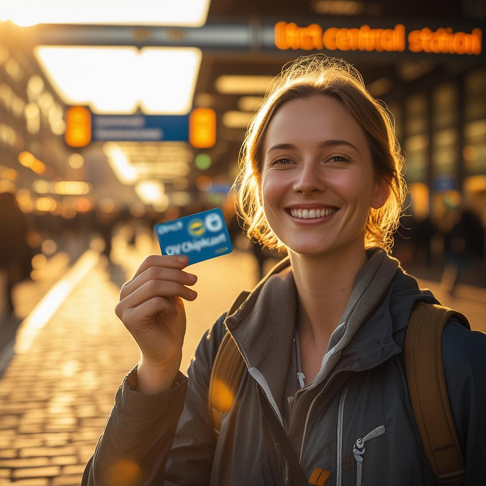 Smiling person holds a card at a sunlit train station entrance, with text "central station" visible. Warm, cheerful atmosphere.