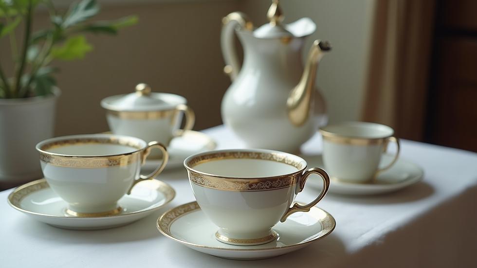 Close-up view of a Regency era tea set with delicate porcelain cups and a silver teapot