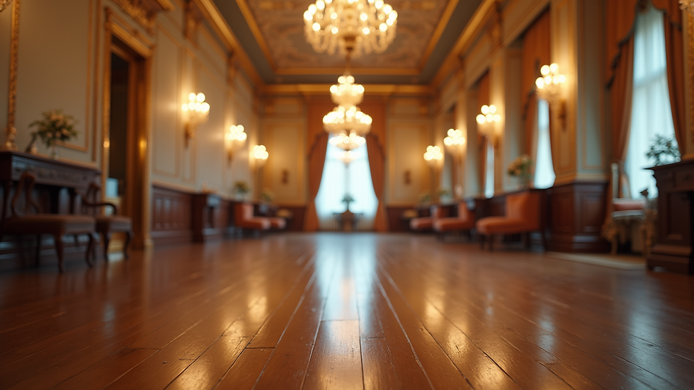 Close-up view of a Regency-style ballroom with chandeliers and polished wooden floors
