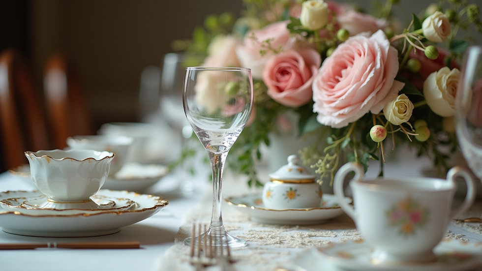 Close-up view of a Regency-style table setting with fine china and floral centerpiece
