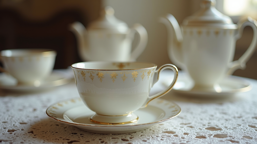 Close-up view of a delicate Regency-era tea set arranged on a lace-covered table