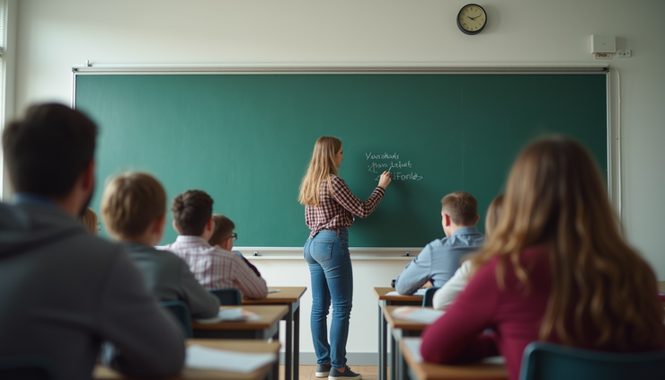 Eye-level view of a classroom with a teacher writing on a whiteboard while students listen attentively