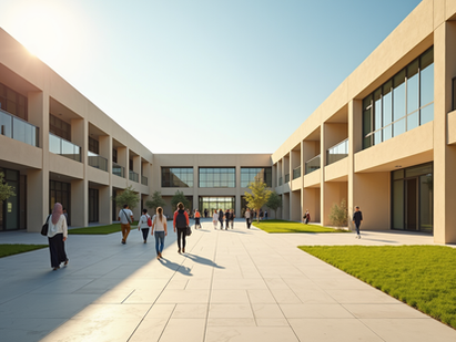 School building with students in the Middle East